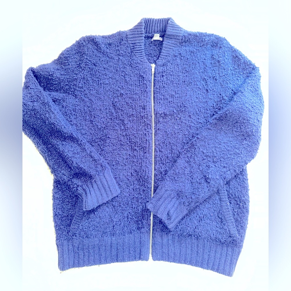 Aerie Wool Blend Powder Blue Boucle Sweater Zip‎ Cardigan Warm Fluffy M